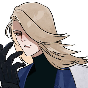 Rule 34 | 1boy, black gloves, black shirt, blonde hair, fatal fury, fatal fury: city of the wolves, gloves, hair over one eye, hexermer, highres, jacket, kain r heinlein, lapels, looking to the side, male focus, one eye covered, red eyes, shirt, sideways glance, simple background, solo, turtleneck, upper body, white background, white jacket