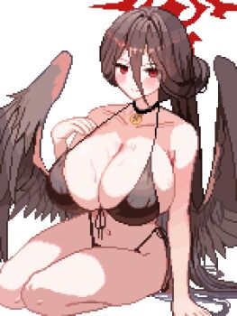 1girl bikini black_bikini black_choker black_hair black_wings blue_archive blush_stickers breasts choker cleavage closed_mouth collarbone commentary feathered_wings front-tie_bikini_top front-tie_top hair_between_eyes hair_bun halo hasumi_(blue_archive) hasumi_(swimsuit)_(blue_archive) highleg highleg_bikini huge_breasts long_hair long_hair_between_eyes looking_at_viewer low_wings navel official_alternate_costume official_alternate_hairstyle pixel_art red_eyes red_halo side-tie_bikini_bottom simple_background single_hair_bun sitting smile solo string_bikini swimsuit thighs tinia_etru very_long_hair wet white_background wings