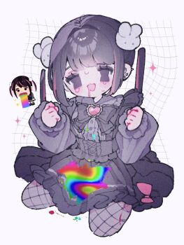 1girl :d black_bow black_bowtie black_dress black_pantyhose blush bow bowtie brown_eyes brown_hair commentary_request dress drooling empty_eyes film_grain fishnet_pantyhose fishnets frilled_dress frills full_body grid_background hands_up highres irasutoya multicolored_hair open_mouth pantyhose pink_streaks short_hair sidelocks sitting smile solo sparkle streaked_hair sweat upache vomiting_rainbows white_background