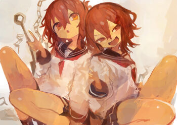 2girls absurdres anchor black_sailor_collar black_skirt black_socks brown_eyes brown_hair chain commentary fang folded_ponytail hair_between_eyes hair_ornament hairclip hibiki_(kancolle) highres ikazuchi_(kancolle) inazuma_(kancolle) kaamin_(mariarose753) kantai_collection long_sleeves looking_at_viewer miniskirt multiple_girls neckerchief open_mouth orange_eyes parted_lips red_neckerchief sailor_collar school_uniform serafuku simple_background sitting skirt socks thighs