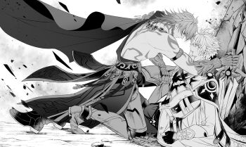 2boys 7-river antenna_hair arm_tattoo armlet back_tattoo black_gloves black_pants black_shirt blood blood_from_mouth braid bulge chinese_commentary clawed_gauntlets coat commentary_request dawnmaker_(honkai:_star_rail) eye_contact facial_tattoo fingerless_gloves floating_cape from_side gloves highres holding holding_sword holding_weapon honkai:_star_rail honkai_(series) jewelry leg_armor looking_at_another male_focus medium_hair multiple_boys mydei_(honkai:_star_rail) on_one_knee pants phainon_(honkai:_star_rail) profile shirt short_hair side_braid sword tattoo waist_cape weapon white_coat yaoi