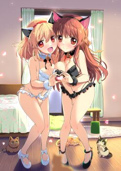 2girls alternate_costume animal_ear_hairband animal_ears bare_shoulders bed bedroom bell black_bow black_bowtie black_bra black_choker black_hairband black_shoes black_wrist_cuffs blush bow bowtie bra breast_press breasts brown_hair cat cat_ears cheek_press choker cleavage closed_mouth collarbone commentary_request company_connection crossover embarrassed fake_animal_ears four-finger_heart_hands full_body fur-trimmed_bra fur_choker fur_cuffs fur_trim hair_between_eyes hair_bow hairband half_updo hand_up heart heart_hands heart_hands_duo heart_in_heart_hands highres indoors jingle_bell kanon key_(company) large_breasts long_hair medium_breasts medium_hair multiple_girls nagamori_mizuka neck_bell nose_blush one_-_kagayaku_kisetsu_e open_mouth orange_bow paid_reward_available red_bow red_bowtie red_eyes red_hairband shoes sidelocks smile sweat symmetrical_docking tearing_up tears tsukimiya_ayu underwear underwear_only watsuki_ayamo white_bra white_choker white_shoes white_wrist_cuffs wrist_cuffs