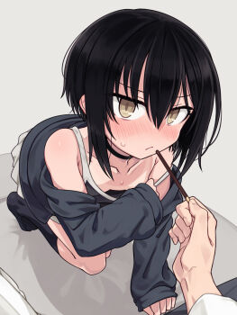 Rule 34 | 1boy, 1girl, all fours, black camisole, black choker, black hair, black jacket, black socks, blush, breasts, brown eyes, camisole, choker, closed mouth, collarbone, commentary request, downblouse, embarrassed, food, hair between eyes, holding, holding food, holding pocky, jacket, kneeling, long sleeves, looking at viewer, nipples, no shoes, null (nyanpyoun), original, pocky, pov, pov hands, revision, short hair, sleeves past wrists, small breasts, socks, solo focus