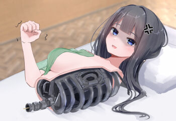 1girl amputee android anger_vein angry black_hair blue_eyes blunt_bangs breasts commentary_request damaged long_hair lying mechabare mechanical_arms medium_breasts on_back on_bed original pillow robot single_mechanical_arm trembling upper_body variant0083