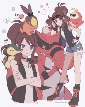 1girl 343rone absurdres antenna_hair black_vest blue_eyes boots borrowed_accessory brown_hair commentary_request crossed_arms cyndaquil exposed_pocket eyewear_on_headwear fuecoco gen_2_pokemon gen_5_pokemon hand_on_own_hip highres hilda_(pokemon) krookodile long_hair multiple_views nintendo open_clothes open_vest pokemon pokemon_(creature) pokemon_bw shirt short_shorts shorts sidelocks sleeveless sleeveless_shirt socks sparkle standing sunglasses tepig vest white_shirt