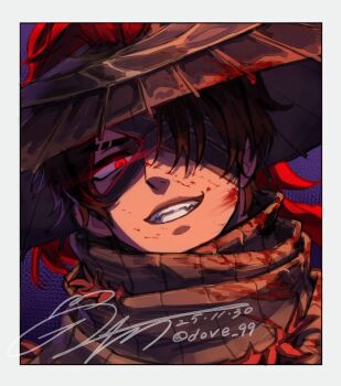 1boy 99dulgi blood blood_on_face brown_hat commentary_request dated feathers glowing glowing_eyes grey_scarf hat hat_feather heathcliff_(project_moon) heishou_pack-you_branch_(identity)_(project_moon) highres korean_commentary limbus_company male_focus one_eye_covered project_moon purple_background red_eyes red_feathers scarf signature smile solo teeth upper_body