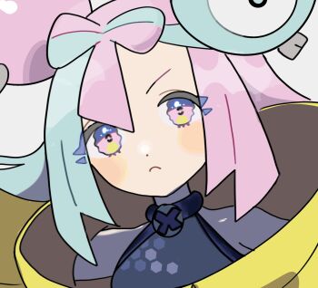 1girl blush bow-shaped_hair character_hair_ornament closed_mouth eneko_(olavcnkrpucl16a) grey_shirt hair_ornament highres iono_(pokemon) jacket nintendo pink_eyes pink_hair pokemon pokemon_sv shirt simple_background sleeveless sleeveless_shirt solo upper_body wavy_eyes white_background yellow_jacket