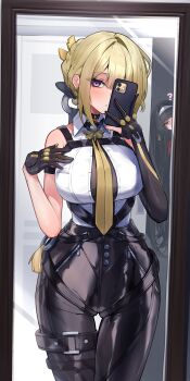? absurdres arm_strap astra_yao bare_shoulders belt black_hair black_pants blonde_hair blush breasts chest_harness closed_mouth collar earrings elbow_gloves evelyn_chevalier gloves half_gloves hand_on_own_chest harness high-waist_pants highres holding holding_phone jewelry large_breasts latex_pants long_hair long_ribbon mirror mirror_selfie necktie pants peeking phone purple_eyes red_eyes ring_hair_ornament see-through_clothes selfie shirt shumai_il single_elbow_glove single_half_glove standing taking_picture thigh_belt thigh_strap tight_clothes tight_pants uneven_bangs white_shirt yellow_necktie zenless_zone_zero