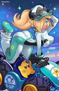ass baggy_pants bent_over blonde_hair blue_eyes breasts darkereve earrings gloves go-kart hair_over_one_eye hat highres jewelry long_hair luma_(mario) mario_(series) mario_kart mario_kart_world nintendo pants ponytail rosalina shirt star_(symbol) star_earrings tight_clothes tight_shirt