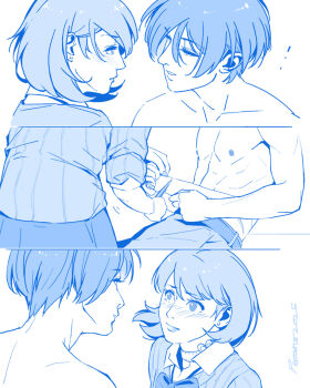 1boy 1girl bandages belt blue_theme blush bow bowtie cardigan choker closed_mouth collarbone collared_shirt commentary couple dress_shirt earrings english_commentary eye_contact flipped_hair gekkoukan_high_school_uniform hair_between_eyes heart heart_choker holding_bandages jewelry lips looking_at_another loose_bowtie monochrome paaaatchieee parted_lips persona persona_3 persona_3_reload ribbed_cardigan school_uniform sequential shirt short_hair signature skirt sleeves_rolled_up stud_earrings takeba_yukari toned toned_male topless_male upper_body yuuki_makoto_(persona_3)
