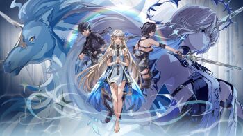 1boy 3girls absurdres bare_legs bare_shoulders black_dress black_gloves black_hair black_jacket blue_hair breasts cartethyia_(wuthering_waves) colored_inner_hair commentary crown_of_thorns dress dual_persona earrings female_rover_(wuthering_waves) fleurdelys_(wuthering_waves) floating_earrings gloves hashtag-only_commentary highres horns imperator_(wuthering_waves) jacket jewelry large_breasts legs long_hair long_horns low_ponytail male_rover_(wuthering_waves) medium_breasts multicolored_hair multiple_girls own_hands_clasped own_hands_together pangu_terminal_(wuthering_waves) pointy_ears ponytail ray_(36smray) revision rover_(wuthering_waves) single_horn small_breasts tabard unicorn white_tabard wuthering_waves