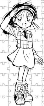 black_hair collared_shirt full_body hairband himitsu_keisatsu_holmes jigsaw_puzzle kitahara_mako long_sleeves miniskirt necktie non-web_source open_mouth plaid_clothes plaid_vest ponytail puzzle salute shirt shoes skirt smile socks standing vest