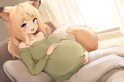Rule 34 | 1girl, :d, animal ear fluff, animal ears, batta (kanzume quality), blonde hair, blue eyes, blush, breasts, commentary request, day, dutch angle, fox ears, fox girl, fox tail, green sweater, hands on own stomach, indoors, kitsune no oyome-chan, long hair, long sleeves, looking at viewer, medium breasts, off-shoulder sweater, off shoulder, open mouth, pants, pillow, pregnant, sitting, smile, solo, sunlight, sweater, tail, teeth, upper teeth only, white pants