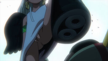 1boy 1girl angel_wings bare_arms bare_shoulders black_footwear black_wings boots bottomless cleft_of_venus clothes_lift dark_skin derivative_work dress femdom flat_chest from_below gluteal_fold highres loli long_hair looking_up no_anus no_panties one_piece pov pussy pussy_peek s-snake screenshot_redraw seraphim_(one_piece) shirt_lift simple_background sleeveless sleeveless_dress stepped_on third-party_edit upskirt white_background white_dress white_hair wings