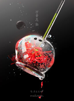 absurdres artist_name bird black_background bubble commentary_request flower food-themed_creature highres makoron117117 one_eye_closed original petals simple_background spider_lily translucent