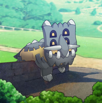 animal_focus bastiodon blurry brick_wall closed_mouth commentary day english_commentary gen_4_pokemon grass nintendo no_humans outdoors path pokemon pokemon_(creature) pokemon_focus pokemonranch road tree