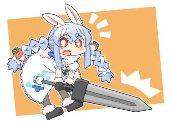 1girl and_takashi animal_ear_fluff animal_ears black_gloves black_shoes blue_hair braid bright_pupils carrot_hair_ornament chibi chibi_only commentary_request detached_sleeves don-chan_(usada_pekora) dress food-themed_hair_ornament full_body fur-trimmed_gloves fur_trim gloves hair_ornament highres holding holding_sword holding_weapon hololive long_hair multicolored_hair notice_lines open_mouth orange_background orange_eyes pantyhose rabbit_ears sharp_teeth shoes short_eyebrows sword teeth thick_eyebrows twin_braids usada_pekora usada_pekora_(1st_costume) virtual_youtuber weapon white_dress white_pupils