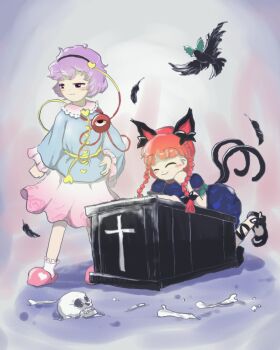 3girls :3 animal_ears bird black_bird black_bow black_feathers black_footwear black_hairband black_ribbon blue_dress blue_shirt blush bobby_socks bone bow braid cat_ears cat_tail closed_eyes closed_mouth coffin cross crow dress extra_ears eyeball falling_feathers feathers floral_print frilled_sleeves frills full_body green_bow hair_bow hairband hand_on_own_hip happy highres kaenbyou_rin komeiji_satori leg_ribbon long_sleeves multiple_girls multiple_tails parody pink_skirt pink_slippers puffy_short_sleeves puffy_sleeves purple_eyes purple_hair red_hair reiuji_utsuho reiuji_utsuho_(bird) ribbon rose_print seisumochi shirt short_sleeves skirt skull slippers smile socks tail third_eye touhou twin_braids two_tails white_shirt white_socks wide_sleeves zun_(style)