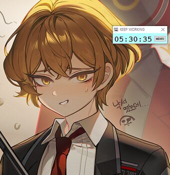 Rule 34 | 1boy, 1other, alfnfmd, black suit, blonde hair, blush, collared shirt, dante (limbus company), formal clothes, korean text, limbus company, looking at viewer, male focus, necktie, project moon, red necktie, shirt, sinclair (project moon), solo focus, suit, sweat, upper body, white shirt, yellow eyes