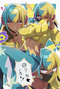 Rule 34 | 0roshioji3ran, 1girl, black mask, black pants, blonde hair, blue hair, blue nails, blue pants, canari (pokemon), closed mouth, dark-skinned female, dark skin, highres, looking at viewer, mask pull, medium hair, multicolored hair, nail polish, nintendo, pants, pokemon, pokemon legends: z-a, purple eyes, solo, split-color hair, two-tone hair, two-tone mask, two-tone pants, two side up, yellow mask