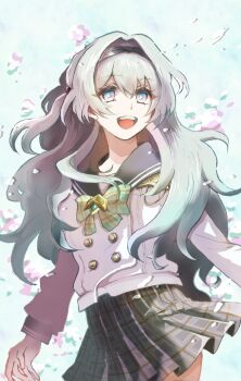 1girl black_hairband bow bowtie buttons collared_shirt double-breasted firefly_(honkai:_star_rail) firefly_(spring_missive)_(honkai:_star_rail) floral_background gradient_eyes gradient_hair green_bow green_bowtie green_pupils grey_hair grey_sailor_collar grey_skirt hachamecha hair_between_eyes hair_intakes hairband highres honkai:_star_rail honkai_(series) long_hair long_sleeves multicolored_eyes multicolored_hair open_mouth plaid_bow plaid_bowtie plaid_clothes pleated_skirt sailor_collar shirt skirt smile solo teeth upper_teeth_only white_shirt white_sleeves