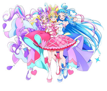 Rule 34 | 3girls, absurdres, ahoge, aokaze nana, arm up, armpits, blonde hair, blue eyes, blue hair, blue skirt, blush, bow, breasts, brooch, commentary request, crop top, cure idol, cure kyunkyun, cure wink, detached sleeves, double bun, dress, earrings, hair between eyes, hair bun, hair ornament, headphones, heart, heart brooch, heart hands, highres, idol, idol clothes, idol heart incom, jewelry, kimi to idol precure, long hair, looking at viewer, midriff, multicolored hair, multiple girls, one eye closed, open mouth, orange eyes, pink hair, pink skirt, plaid bow, plaid clothes, plaid skirt, plaid sleeves, precure, purple dress, purple eyes, purple hair, purple skirt, purple thighhighs, sakura uta (precure), shigure kokoro, shirako love, short sleeves, simple background, skirt, small breasts, smile, standing, standing on one leg, thighhighs, white background
