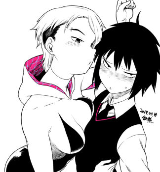 2girls against_wall age_difference animification asymmetrical_docking blush bodysuit breast_press breasts eyebrow_piercing face_piercing flat_chest gwen_stacy hood hood_down hooded_bodysuit imminent_kiss looking_away marvel medium_breasts multiple_girls necktie no_mask nose_blush onee-loli peni_parker piercing school_uniform short_hair spider-gwen spider-man:_into_the_spider-verse spider-man_(series) spider-verse spider_web_print spot_color superhero_costume torso_grab tsukudani_(coke-buta) undercut yuri