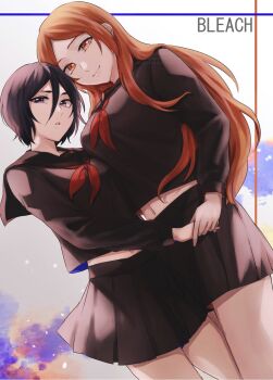 1046sstep_btoh 2girls alternate_costume black_hair black_serafuku bleach breasts commentary_request copyright_name dutch_angle hair_between_eyes hand_up height_difference highres inoue_orihime kuchiki_rukia large_breasts long_hair midriff miniskirt multiple_girls navel neckerchief orange_eyes orange_hair purple_eyes red_neckerchief school_uniform serafuku short_hair skirt small_breasts smile