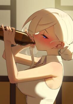 1girl absurdres alcohol bare_arms bare_shoulders blonde_hair blue_eyes blush bottle breasts breath commentary english_commentary fellatio from_side hair_bun half-closed_eyes highres indoors large_breasts oral original sexually_suggestive shirt simulated_fellatio simulated_handjob sleeveless sleeveless_shirt solo spilling tongue tongue_out tostantan upper_body white_shirt wing_collar