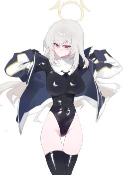 1girl absurdres arms_up black_gloves black_jacket black_thighhighs blue_archive breasts closed_mouth covered_navel cowboy_shot crossed_bangs curvy dokshuri floating_clothes floating_hair gloves groin guimpe halo highleg highleg_leotard highres jacket large_breasts latex latex_legwear latex_leotard leotard light_blush long_hair long_sleeves narrow_waist open_clothes open_jacket opened_by_self red_eyes sakurako_(blue_archive) sakurako_(justina_uniform)_(blue_archive) shiny_clothes shiny_legwear simple_background smile solo split_mouth standing straight_hair sweatdrop thigh_gap thighhighs thighs track_jacket turning_head turtleneck undressing white_background white_hair yellow_halo