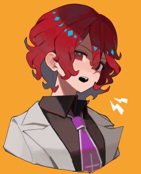 1girl black_shirt collared_jacket collared_shirt commentary highres horikawa_raiko jacket looking_at_viewer mgnin0 necktie orange_background parted_lips plaid_clothes plaid_shirt purple_necktie red_eyes red_hair shirt short_hair solo teeth touhou upper_body upper_teeth_only wavy_hair white_jacket