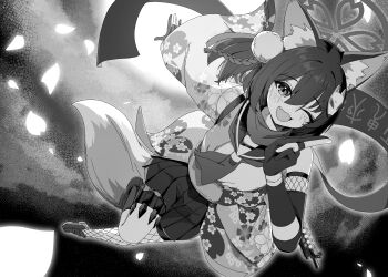 1girl ;3 ;d absurdres animal_ear_fluff animal_ears asymmetrical_legwear blue_archive blush cherry_blossom_print commentary dutch_angle english_commentary fang fighting_stance fishnet_thighhighs fishnets floating_clothes floral_print floral_print_kimono foreshortening fox_ears fox_girl fox_tail fuhao10708 full_body gloves greyscale gun hair_ornament halo hand_up happy highres izuna_(blue_archive) japanese_clothes kimono knee_up kuji-in kunai loafers long_scarf long_sleeves looking_at_viewer medium_hair midair miniskirt mismatched_legwear monochrome ninja one_eye_closed one_side_up open_mouth outdoors partially_fingerless_gloves pleated_skirt pom_pom_(clothes) pom_pom_hair_ornament print_kimono sailor_collar scarf school_uniform serafuku shirt shoes single_bare_shoulder single_thighhigh skirt sleeveless sleeveless_shirt smile solo tail thighhighs weapon wide_sleeves
