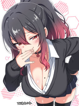 1girl black_cardigan black_hair black_skirt black_thighhighs blush breasts cardigan cleavage collarbone commentary_request cowboy_shot denmaru._(dedendenmaru) double-parted_bangs gradient_hair hair_between_eyes hand_on_own_hip hand_to_own_mouth highres honeycomb_(pattern) honeycomb_background large_breasts leaning_forward long_hair looking_at_viewer mole mole_on_breast multicolored_hair original pendant_choker pink_background ponytail puff_of_air red_eyes red_hair school_uniform skirt smirk solo thighhighs two-tone_background unbuttoned white_background zettai_ryouiki