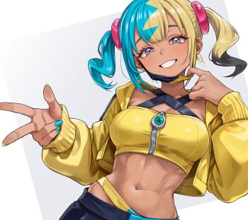 1girl black_hair black_mask black_pants blonde_hair blue_hair blue_nails blue_pants breasts canari_(pokemon) commentary_request cropped_jacket dark-skinned_female dark_skin gradient_hair grin highres hood hood_down hooded_jacket jacket jajanome large_breasts long_sleeves looking_at_viewer mask mask_around_neck mask_pull medium_hair midriff mouth_mask multicolored_hair navel nintendo open_clothes open_jacket pants pokemon pokemon_legends:_z-a purple_eyes smile solo split-color_hair strapless tube_top twintails two-tone_mask two-tone_pants w yellow_jacket yellow_mask yellow_tube_top