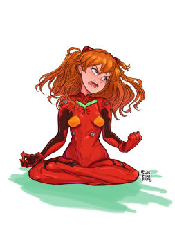 Rule 34 | 1girl, absurdres, artist logo, bodysuit, brown hair, clenched hand, commentary, english commentary, frown, full body, highres, interface headset (evangelion), logo, long hair, looking to the side, lotus position, mecha pilot suit, neon genesis evangelion, open mouth, plugsuit (evangelion), red bodysuit, solo, souryuu asuka langley, subzerofrog, teeth