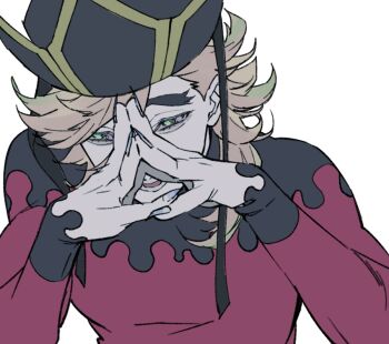 1boy black_hat blonde_hair bodysuit claws demon_boy dodekai_crape douma_(kimetsu_no_yaiba) fingernails forked_eyebrows hair_between_eyes hat kimetsu_no_yaiba long_fingernails long_hair male_focus open_mouth own_hands_together red_bodysuit smile solo upper_body white_background