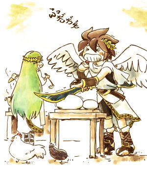&gt;_&lt; 1boy 1girl angel angel_wings bird blush_stickers brown_hair chicken commentary_request cooking cooking_pot eggplant food holding holding_ladle kid_icarus kid_icarus_uprising ladle laurel_crown long_hair mochi nintendo palutena palutena_bow_(kid_icarus) pit_(kid_icarus) very_long_hair wings zeppann