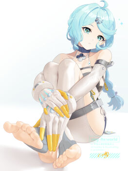 1girl ahoge angry artist_name barefoot blue_hair bodysuit braid breasts closed_mouth commentary feet furious gloves green_eyes hair_ornament hand_up hashtag-only_commentary highres hitting long_hair looking_at_viewer mecha military mole mole_on_shoulder robot seed_(zenless_zone_zero) seed_sr. small_breasts smile soles solo stirrup_legwear tagme toeless_legwear toes uixy white_background white_bodysuit zenless_zone_zero