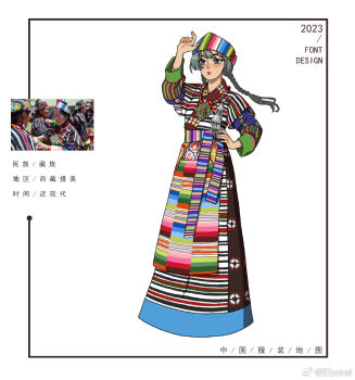 1girl 2023 apron bead_necklace beads braid chinese_commentary chinese_text commentary_request dress eborel full_body grey_eyes grey_hair hand_up jewelry long_braid low_twin_braids multicolored_apron multicolored_headband necklace original pendant photo-referenced photo_inset red_lips reference_inset solo standing striped_clothes striped_dress tibetan_clothes translated twin_braids waist_apron watermark weibo_watermark white_background