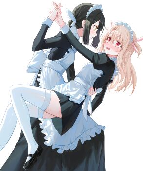 2girls absurdres apron black_dress black_hair black_shoes blush brown_hair dancing dip_(dance_move) dress embarrassed eye_contact fate/kaleid_liner_prisma_illya fate_(series) hand_grab highres illyasviel_von_einzbern interlocked_fingers kaze_22 korean_commentary long_dress long_hair long_sleeves looking_at_another maid maid_apron maid_headdress miyu_edelfelt multiple_girls open_mouth shoes simple_background thighhighs white_background white_thighhighs yuri