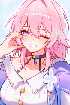 Rule 34 | 1girl, ;d, ass, blue eyes, blush, breasts, choker, commentary, english commentary, flower, hair between eyes, heart, heart hands, honkai: star rail, honkai (series), jacket, looking at viewer, march 7th (honkai: star rail), march 7th (preservation) (honkai: star rail), medium hair, multicolored eyes, one eye closed, open mouth, pink eyes, pink hair, reiness (ureiness), shirt, sidelocks, simple background, smile, twitter username, two-tone eyes