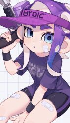 Rule 34 | bandaid, bike shorts, hat, highres, holding, holding weapon, looking at viewer, nintendo, octoling, octoling girl, octoling player character, octoshot (splatoon), open mouth, purple eyes, purple hair, purple hat, purple shirt, sahata saba, shirt, simple background, single vertical stripe, splatoon (series), splatoon 3, suction cups, tentacle hair, visor cap, weapon, white background