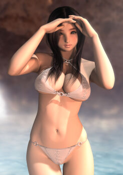 1girl 3d bikini black_eyes black_hair breasts cleavage female_focus hinemaru long_hair o-ring o-ring_bikini o-ring_bottom o-ring_top original solo swimsuit water white_bikini