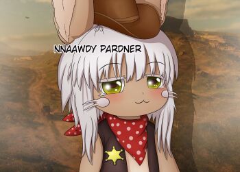 1other :3 alternate_costume animal_ears bandana blush brown_background brown_vest closed_mouth commentary cowboy_hat cowboy_western english_text furry hat highres horizontal_pupils looking_at_viewer made_in_abyss medium_hair nanachi_(made_in_abyss) other_focus photo_background polka_dot_bandana rabbit_ears red_bandana sheriff_(western) sheriff_badge sidelocks smile smugbuns solo upper_body vest whiskers white_hair yellow_eyes