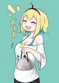 1girl :d ^_^ amano_pikamee amano_pikamee_(1st_costume) aqua_background aqua_hair bare_shoulders black_hairband black_shorts blonde_hair blush breasts cleavage closed_eyes coffee_pot collarbone colored_inner_hair facing_viewer green_background green_hair hairband highres holding kettle large_breasts multicolored_hair nin_fake off-shoulder_shirt off_shoulder open_mouth sharp_teeth shirt short_hair shorts simple_background smile solo teeth two-tone_hair virtual_youtuber voms white_shirt wide_sleeves