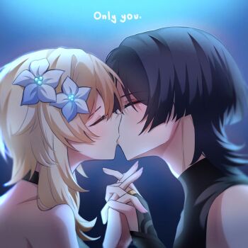 Rule 34 | 1boy, 1girl, adam's apple, bare shoulders, black bodysuit, black bridal gauntlets, black choker, black hair, blonde hair, blue background, blunt ends, bodysuit, bridal gauntlets, choker, closed eyes, couple, english text, eyelashes, eyeliner, facing another, fingernails, flower, from side, genshin impact, gold ring, hair flower, hair ornament, hetero, highres, holding hands, interlocked fingers, kiss, lumine (genshin impact), makeup, middle ring, nicbuns, profile, red eyeliner, scaramouche (genshin impact), short hair, short hair with long locks, sidelocks, turtleneck, turtleneck bodysuit, twitter username, wanderer (genshin impact), white flower
