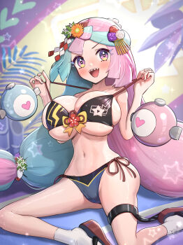 absurdres alternate_costume bikini breasts gonzarez highres iono_(pokemon) large_breasts multicolored_hair nintendo open_mouth pokemon pokemon_sm sharp_teeth swimsuit teeth two-tone_hair