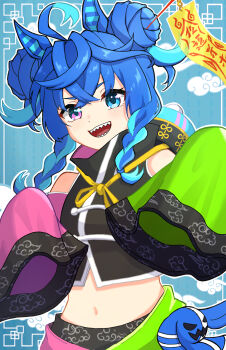 1girl ahoge alternate_hairstyle animal_ears aqua_hair asymmetrical_sleeves black_shirt blue_eyes blue_hair braid chinese_clothes commentary crossed_bangs detached_sleeves hair_ornament hair_stick hair_tie hair_up heterochromia highres horse_ears horse_girl horse_tail jiangshi_costume kuruton_(krtn_gameac) looking_at_viewer midriff mismatched_sleeves multicolored_hair multicolored_skirt navel ofuda open_mouth outline purple_eyes sharp_teeth shirt short_hair side_braids skirt sleeveless sleeveless_shirt sleeves_past_fingers sleeves_past_wrists smile solo stuffed_animal stuffed_rabbit stuffed_toy tail teeth twin_turbo_(umamusume) two-tone_hair umamusume upper_body white_outline