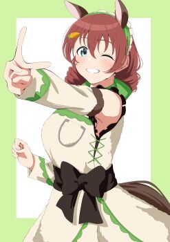 1girl absurdres animal_ears blush border breast_pocket breasts carrot_hair_ornament chinese_zodiac commentary detached_sleeves dress emma_verde food-themed_hair_ornament freckles green_border hair_ornament highres horse_ears horse_tail large_breasts long_sleeves looking_at_viewer love_live! love_live!_nijigasaki_high_school_idol_club official_alternate_costume outside_border pocket simple_background sleeveless sleeveless_dress solo tail uchuu_no_mozuku v white_border white_dress year_of_the_horse