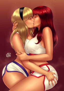 2dswirl 2girls artist_name ass blonde_hair breast_press breasts closed_eyes commission crop_top french_kiss from_side grabbing_another&#039;s_ass groping gwen_stacy gym_uniform hair_ornament hairband hand_on_another&#039;s_arm hand_on_another&#039;s_head highres hug kiss large_breasts long_hair marvel mary_jane_watson multiple_girls night outdoors red_background red_hair shirt shorts signature simple_background sky spider-man_(series) star_(sky) thighs yuri